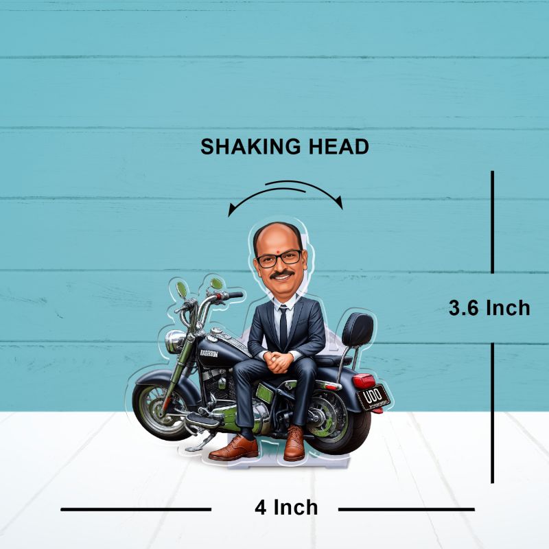 Personalized Bobblehead Caricature Figurine with Motorcycle, Custom with Funny Face Cutout Solar Powered with Moving Head for Car Dashboard & Tabletop Funny